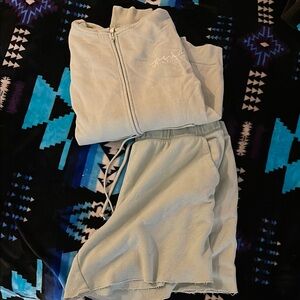 PINK Light Sage Two-Piece Lounge Set - Zip Hoodie + Drawstring Shorts